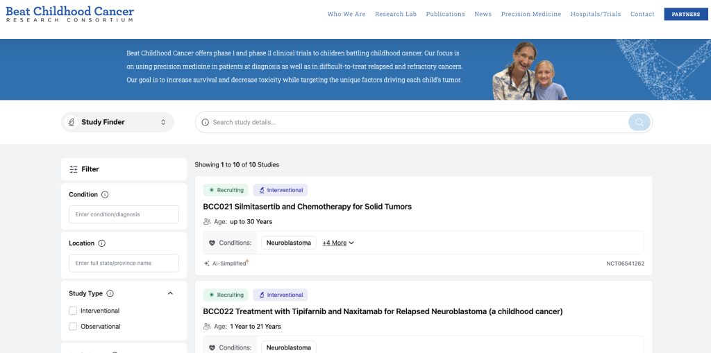 Screenshot of a page within the Beat Childhood Cancer Research Consortium website, which includes two trials within Study Finder search results: BCC021 Silmitasertib and Chemotherapy for Solid Tumors and BCC022 Treatment with Tipifarnib and Naxitamab for Relapsed Neuroblastoma (a childhood cancer).