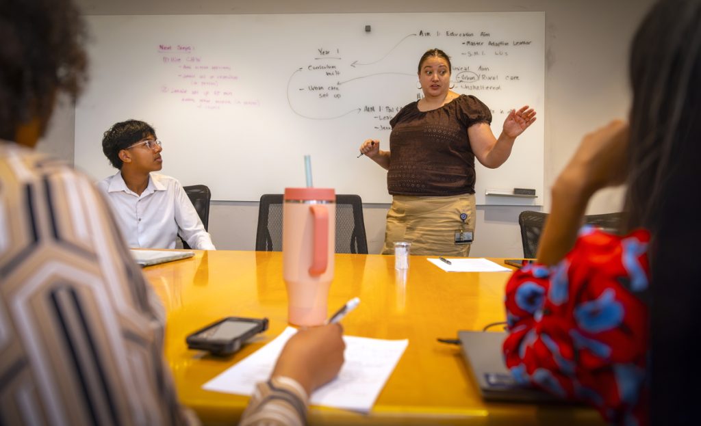 Amy DeWaters gestures in front of a white board while others watch from around a table