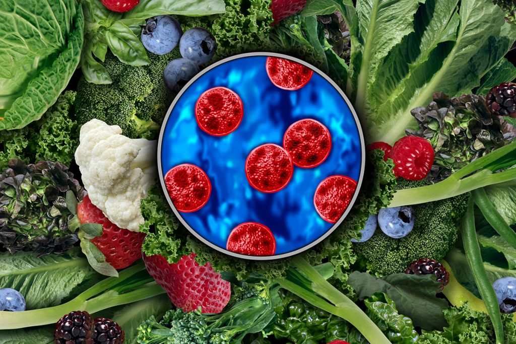 Cyclosporiasis parasite in Petri dish on top of leafy greens and berries. Credit: Getty Images | wildpixel