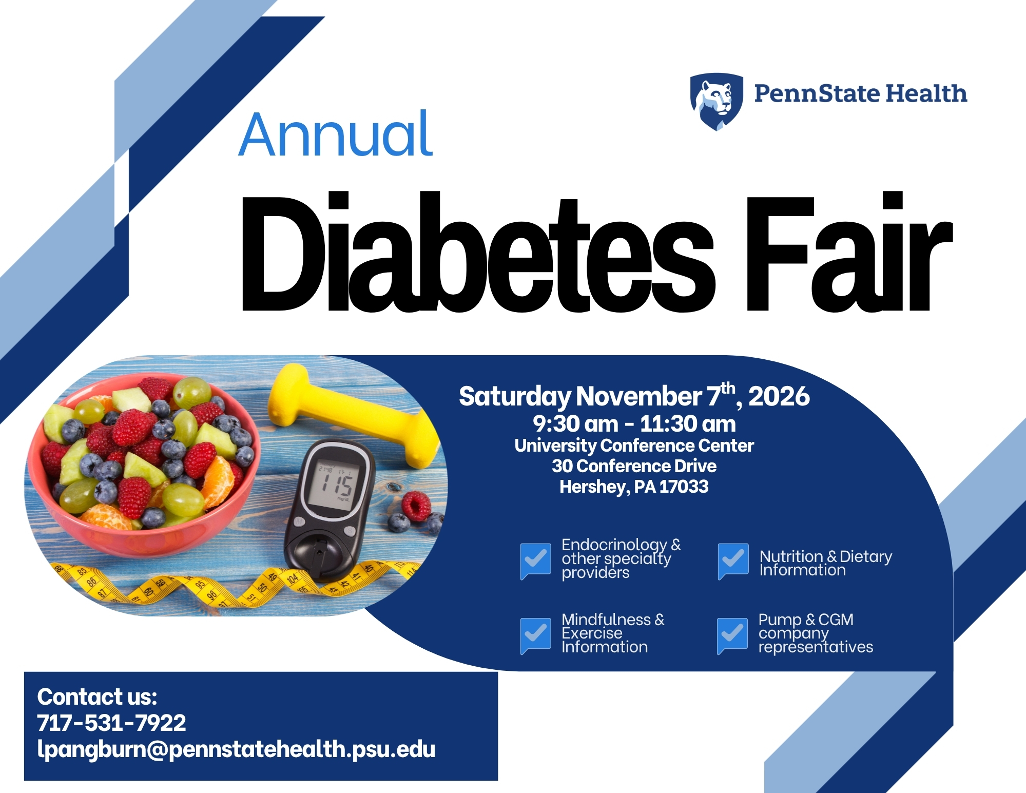 Diabetes fair flyer shows a bowl of fruit, a blood glucose meter displaying 115 mg/dL, a yellow dumbbell, and a measuring tape with event info included in text.