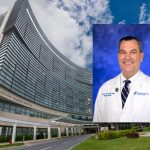 Exterior of Penn State Health Children’s Hospital Golisano Children’s Hospital, with a portrait of pediatric surgeon Dr. Robert Ricca inset in the upper right.