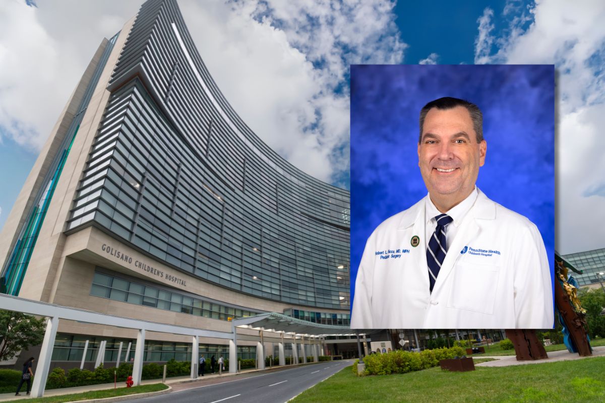 Exterior of Penn State Health Children’s Hospital Golisano Children’s Hospital, with a portrait of pediatric surgeon Dr. Robert Ricca inset in the upper right.