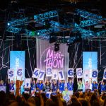 Student leaders on stage at the Four Diamonds Mini-THON Leadership Summit hold oversized number cards revealing the total amount raised for the 2025-26 school year.