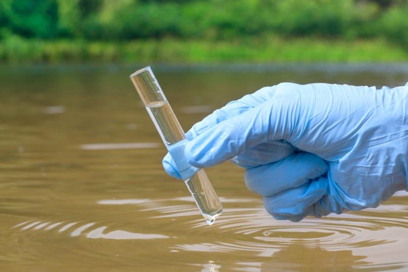 A gloved hand holds a beaker of water above a body of water