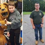 Side-by-side photos show Taiven at two stages of his journey. In the left image, he poses with the Penn State Nittany Lion mascot at THON. In the right image, he stands outdoors wearing a York County School of Technology landscaping program T-shirt, jeans and work boots.