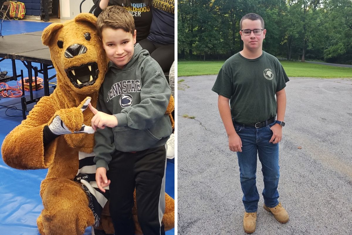 Side-by-side photos show Taiven at two stages of his journey. In the left image, he poses with the Penn State Nittany Lion mascot at THON. In the right image, he stands outdoors wearing a York County School of Technology landscaping program T-shirt, jeans and work boots.