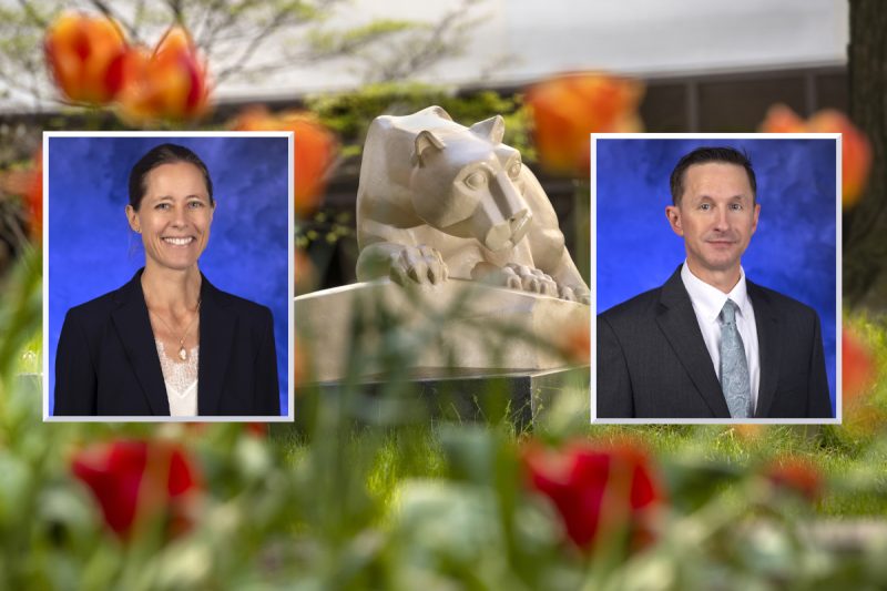 Professional headshots of Dr. Marthe Haverkamp and Matthew Kemmann are placed side by side over an image of a Penn State Nittany Lion statue. Flowers and a building are also in the background.