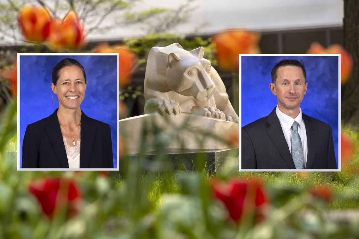 Professional headshots of Dr. Marthe Haverkamp and Matthew Kemmann are placed side by side over an image of a Penn State Nittany Lion statue. Flowers and a building are also in the background.