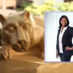 A professional photo of Leslyn Williamson is placed over a photo of Nittany Lion statue.