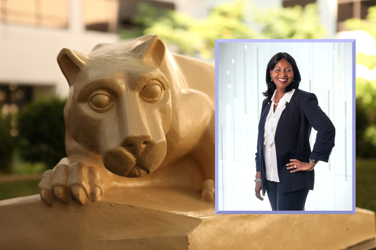 A professional photo of Leslyn Williamson is placed over a photo of Nittany Lion statue.